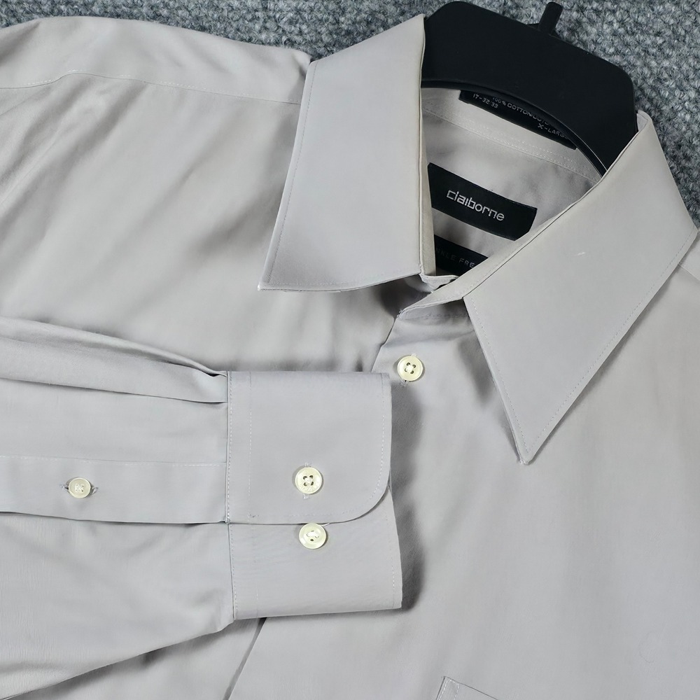 Claiborne Mens XL Gray Beige Wrinkle Free Long Sleeve Button Down Dress Shirt